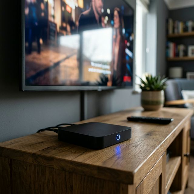Dispositivo TV Box conectado para demonstrar IPTV em aparelhos dedicados de streaming